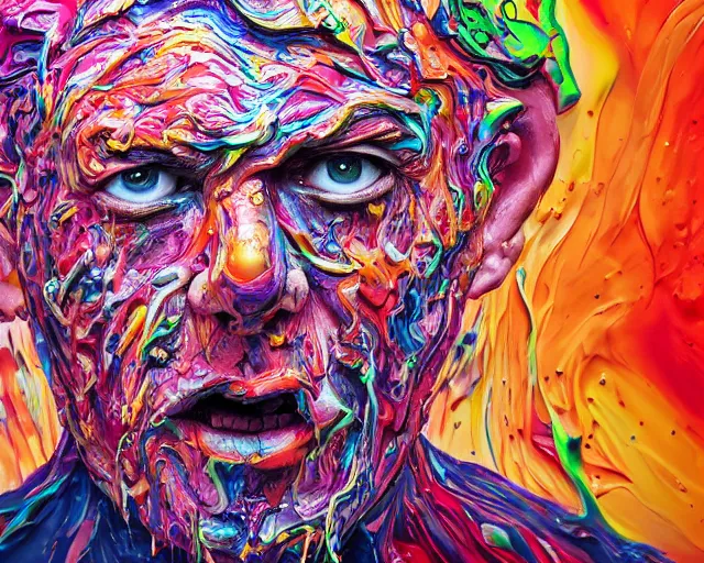 Image similar to still shot close up footage of the portrait of a human head explodes and disintegrates into acrylic pour and splashing paint, motion blur, hyperrealistic, medical, intricate art photography, anatomically correct, realistic crisp textures, 1 6 k