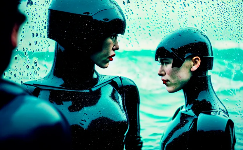 Image similar to cinestill 5 0 d candid action photographic portrait by quentin tarantino of two loving female androids wearing rugged black mesh techwear in treacherous waters, extreme closeup, modern cyberpunk retrofuturism moody emotional cinematic, pouring iridescent rain, 8 k, hd, high resolution, 3 5 mm, f / 3 2, motion blur, ultra realistic faces, ex machina