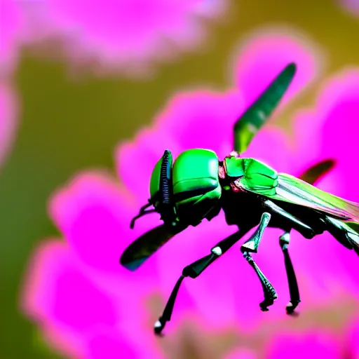 Image similar to rose chafer with quadcopter drone wings creating turbulence above rose flowers black background