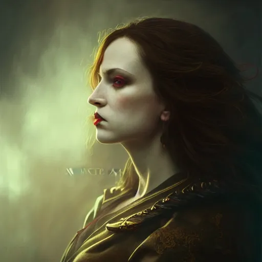 Image similar to majestic gracious regal female brunette vampire portrait, menacing atmospheric lighting, painted, menacing, intricate, volumetric lighting, beautiful, rich deep colours masterpiece, golden hour, sharp focus, ultra detailed, by leesha hannigan, ross tran, thierry doizon, kai carpenter, ignacio fernandez rios