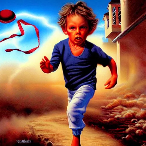 Image similar to a running child disappearing, vapor, mist, smoke, blood, scissors in hand, a detailed matte painting by Jason Edmiston, John Philip Falter