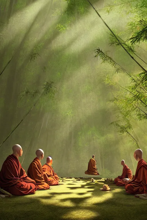 Image similar to mendicant monks of the fuke school of zen buddhism wearing a straw basket on his head in a mysterious japanese bamboo forest with light shafts, atmospheric lighting, by greg rutkowski, ultra realistic, concept art, intricate details, highly detailed, photorealistic, octane render, 8 k, unreal engine