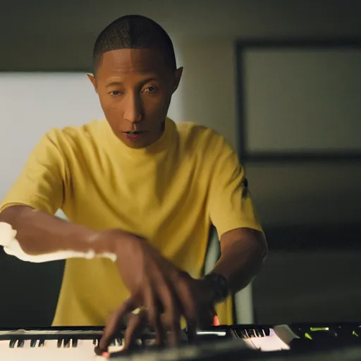 Image similar to cinematic film still of Pharrell Williams Making A Beat with an anthropomorphic alien, Japanese VFX, 2018, 400mm lens, f1.8, shallow depth of field,film photography