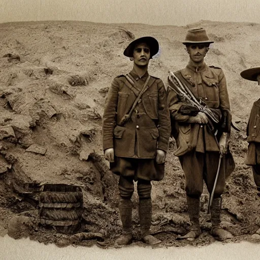 Image similar to a detailed photorealistic sepia - toned photo of a 1 9 1 7 clean - shaven british lieutenant and soldiers standing with a bedouin trader and a young arab boy, ultra realistic, painted, intricate details, lovecraft, atmospheric, dark, horror, brooding, highly detailed, by clyde caldwell