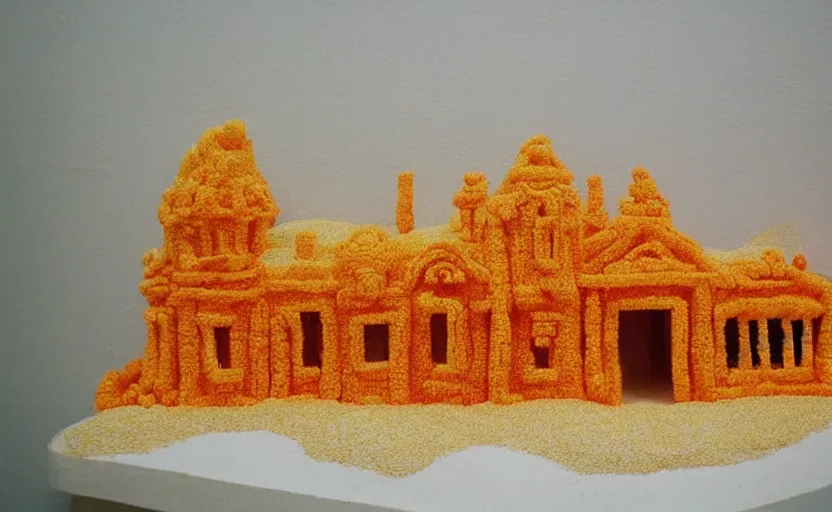 Image similar to beach house made of cheetos, rococo style, extremely detailed