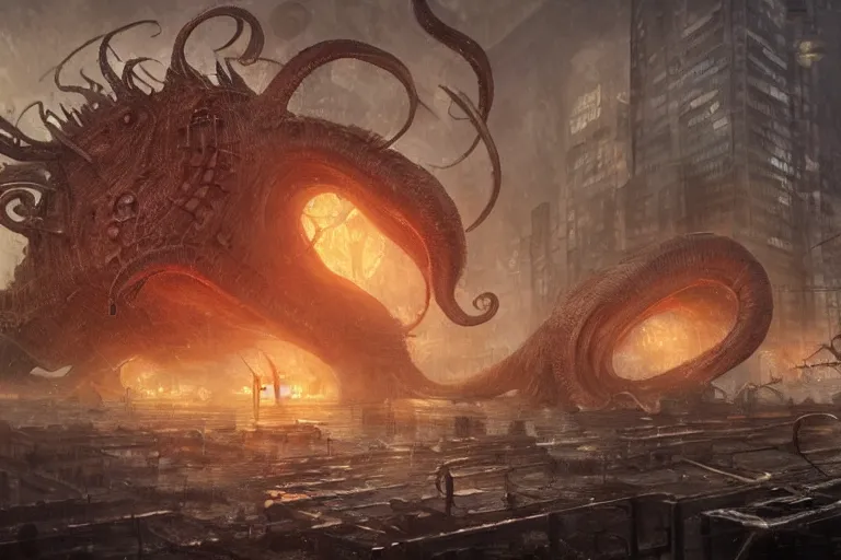 Prompt: apocalyptic snail monster destroys new york, eldritch horror, character art by Greg Rutkowski, 4k digital render