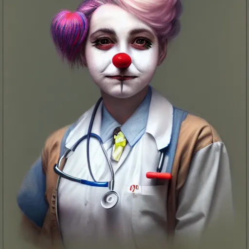 Image similar to clowncore pastel punk young hospital nurse wearing stylish uniform. detailed, portrait, 8 k, artwork by jean - baptiste monge