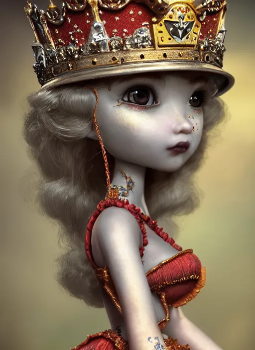 Prompt: highly detailed closeup, profile portrait of a tin toy goth fairytale princess wearing a crown, bikini, unreal engine, nicoletta ceccoli, mark ryden, earl norem, lostfish, global illumination, detailed and intricate environment