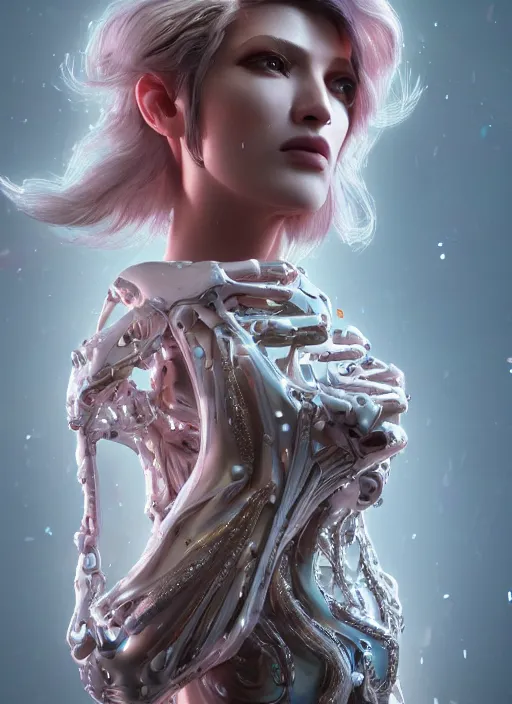 Prompt: beauteous stunning practical sumptuous androgynous biomechanical with incredible iridescent pearlescent voluminous hair, crystalline masterpiece incrustations, hyperdetailed face, elegant pose, movie still, intricate accuracy, octane render, cinematic forest lighting, cgsociety, unreal engine, crepuscular rays, god rays