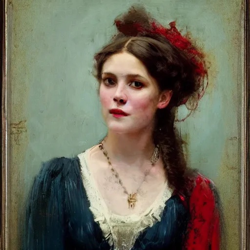 Image similar to Solomon Joseph Solomon and Richard Schmid and Jeremy Lipking victorian genre painting portrait painting of a happy young beautiful woman traditional german french actress model old west character in fantasy costume, red background