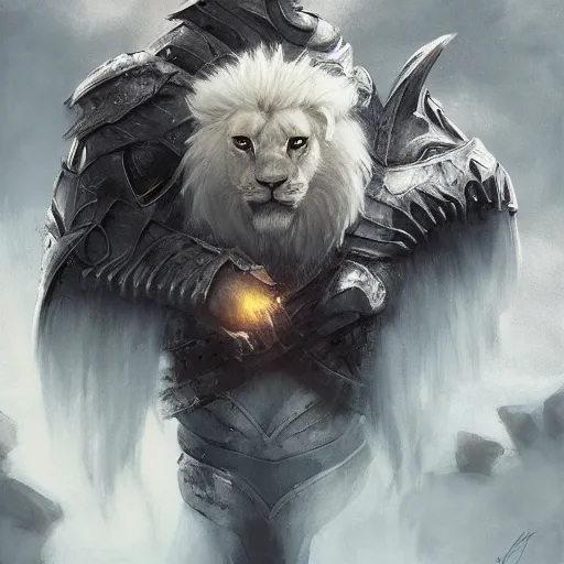 Image similar to a beautiful award winning commission of a male anthro albino lion dressed in skyrim armour,digital art,art by greg rutkowski,character design by charles bowater,ross tran,photorealistic,highly detailed,detailed face,4k,dramatic,deviantart,artstation