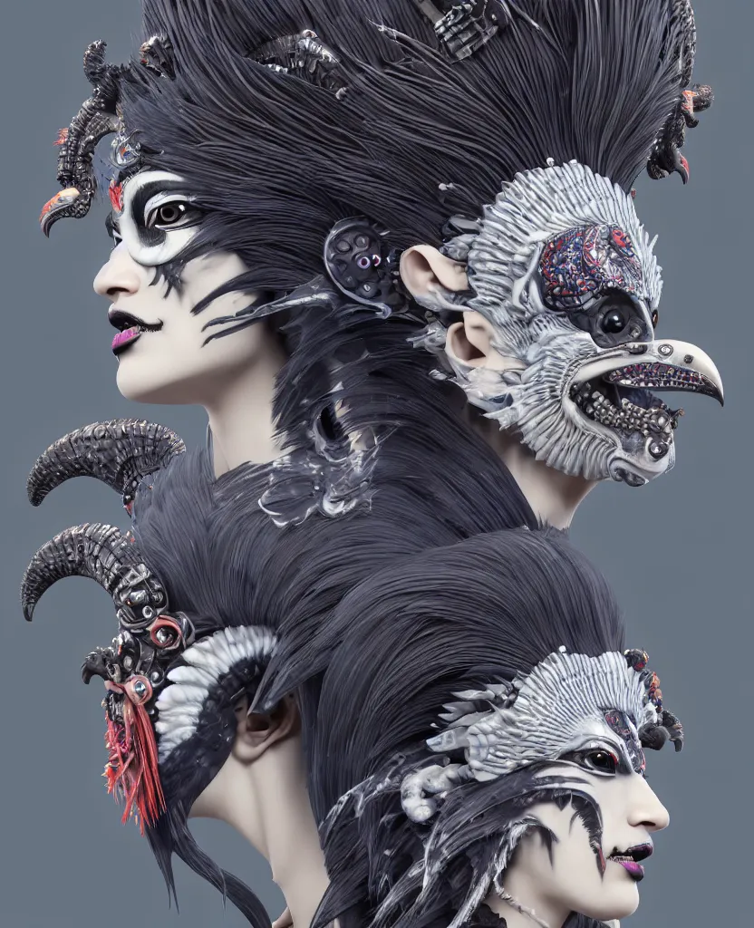 Image similar to 3 d goddess close - up profile portrait punk with mohawk with ram skull. beautiful intricately detailed japanese crow kitsune mask and clasical japanese kimono. betta fish, jellyfish phoenix, bio luminescent, plasma, ice, water, wind, creature, artwork by tooth wu and wlop and beeple and greg rutkowski