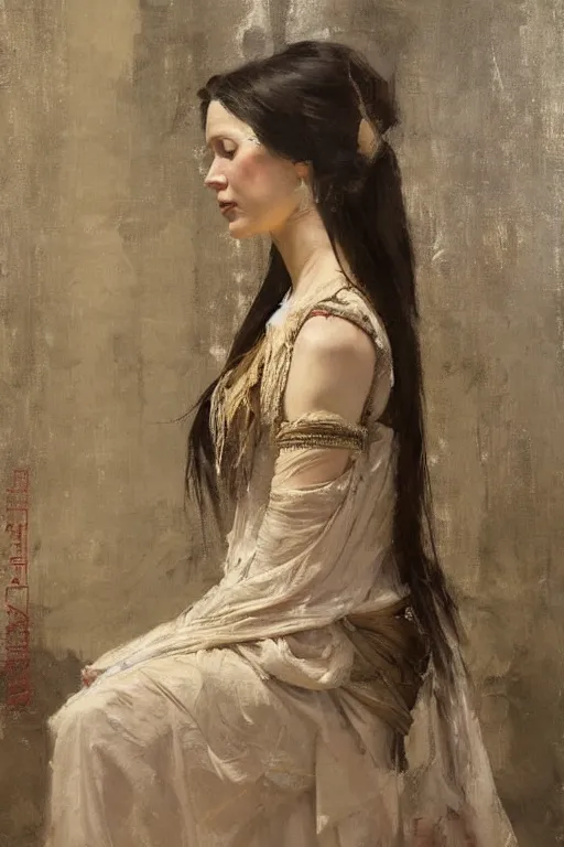 Image similar to Richard Schmid and Jeremy Lipking full length portrait painting of a young beautiful woman priestess in elaborate costume