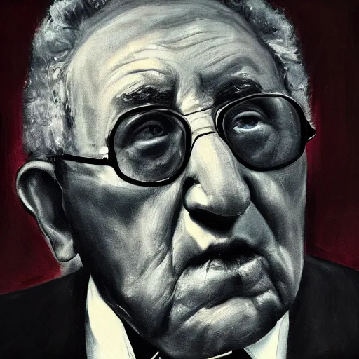 Image similar to a portrait of henry kissinger, hyper realistic, octane render, masterpiece portrait painting. dark, moody, black oil drips from his mouth and eyes, abstract brush strokes, inner glow.