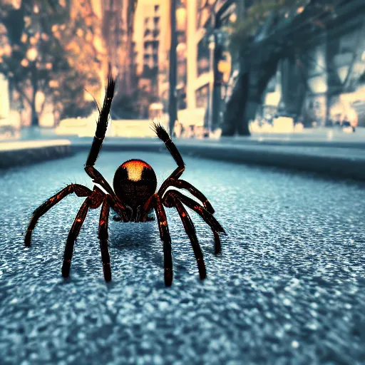 Image similar to a beautiful high - quality photo of a humongous spider walking through a solarpunk city, roads, pavements, trees, cosmic horror, unknowable, volumetric lighting, hyperrealistic, very detailed, 8 k