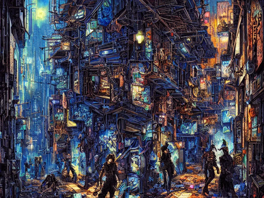 Image similar to shadows of a cyberpunk gang in the alleyway between buildings at night, graffiti, fine detail, intricate, polished, smooth, ultradetailed, blue color scheme, digital art, illustration, impressionist, by john smith and noriyoshi ohrai and george luks