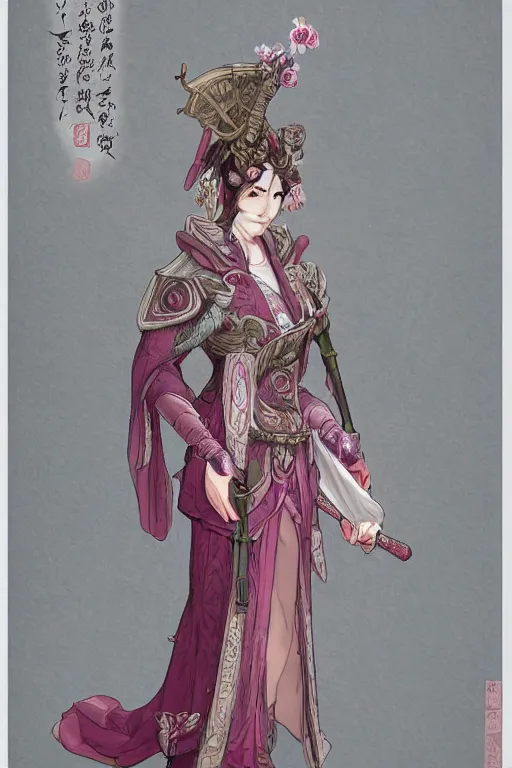 Prompt: full - bodied portrait, female changeling in rose - patterned eastern light armor, wielding a decorated halberd, wearing sandals, geisha mask, realistic proportions, reasonable fantasy, ghostblade, wlop.