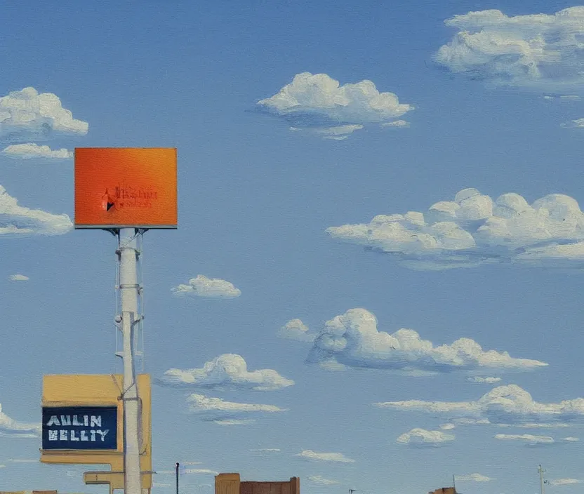 Prompt: a very detailed painting of one billboard which has written do aliens exist? on it, baby blue sky with very aesthetic stylized clouds, in the style of edward hopper, very small brushstrokes, 4 k,