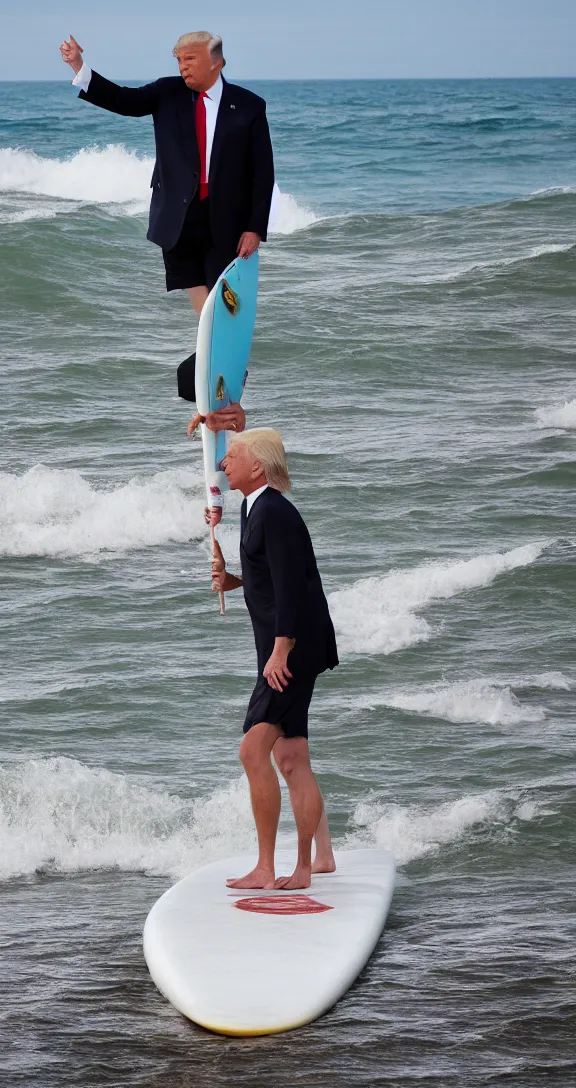 Prompt: Donald Trump holds a surfboard standing near the breakwater at a beach, Chunky old Trump wears tropical board shorts and sandals with a smug look, 4k, sharp focus, photo by professional