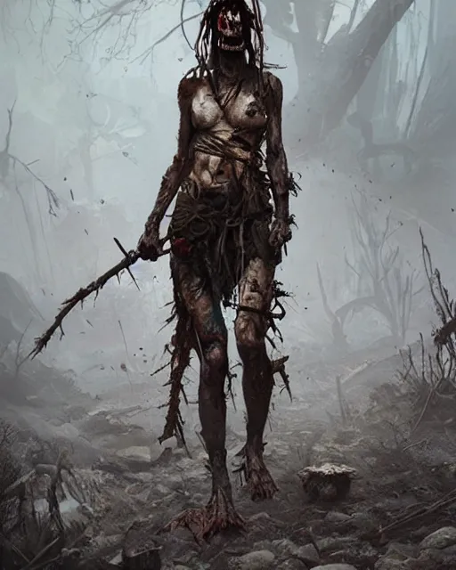 Image similar to hyper realistic photo of postapocalyptic cannibal scavenger shaman woman, full body, cinematic, artstation, cgsociety, greg rutkowski, james gurney, mignola, craig mullins, brom,