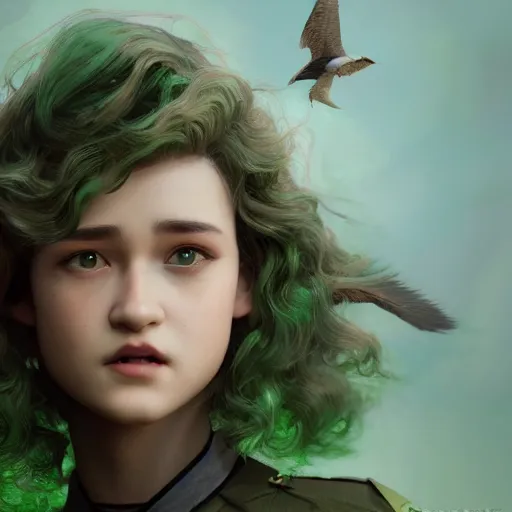 Prompt: julia garner starring as a green winged angel with dark hair, made by stanley artgerm lau, wlop, rossdraws, artstation, cgsociety, concept art, cgsociety, octane render, trending on artstation, artstationhd, artstationhq, unreal engine, 4 k, 8 k