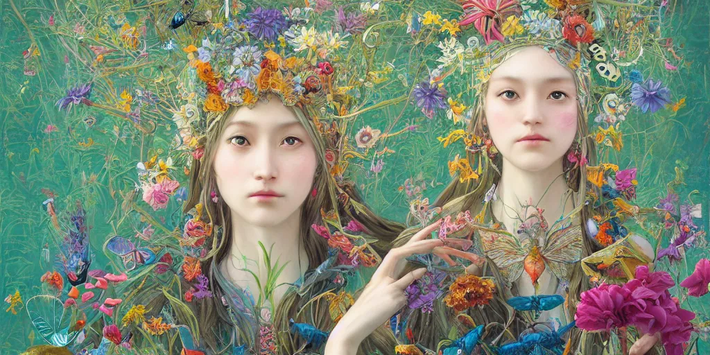 Image similar to breathtaking detailed concept art painting of the goddess of colourful bugs and meadow flowers, orthodox saint, with anxious, piercing eyes, ornate background, amalgamation of leaves and flowers, by Hsiao-Ron Cheng, James jean, Miho Hirano, Hayao Miyazaki, extremely moody lighting, 8K