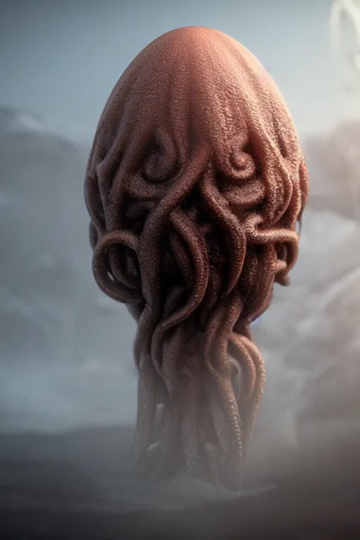 Image similar to photoreal render of cthulhu egg, presented nicely, rendered in octane, realistic, film grain, 3 5 mm, 1 6 0 0 iso, sony a 7 riv, 8 k, unreal engine, wind, mythical, surrounded by mist, surreal