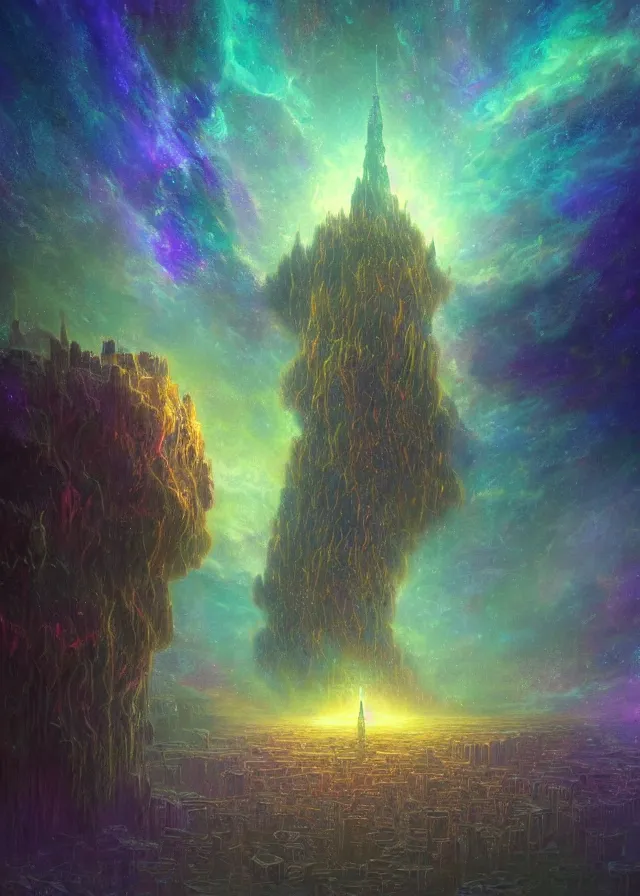 Image similar to an ultra detailed midjourney concept digital art painting of a flying island castle city, towers levitating across space in an iridescent nebula by paul lehr kazumasa uchio situated in a starry expanse of bioluminescent cosmic worlds by beksinski and beeple, ecological art, sharp details, floating citadel with towers, trending on artstation