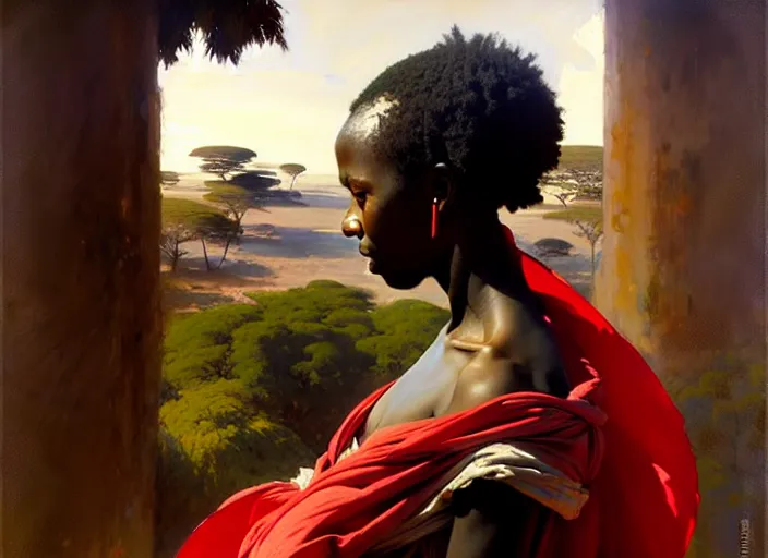 Image similar to top angle view, wide lens of african girl wearing a toga, beautiful concept painting by caravaggio, ruan jia, jakub rebelka, artgerm, greg rutkowski, edgar maxence