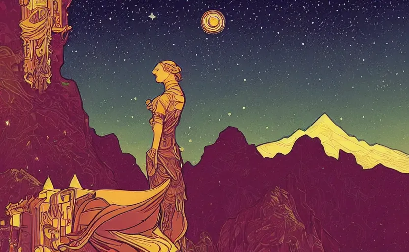 Prompt: mountains, stars and paisley filled sky, artstation, intricate, highly detailed, digital painting, concept art, sharp focus, illustration by Tom Whalen and Alphonse Mucha