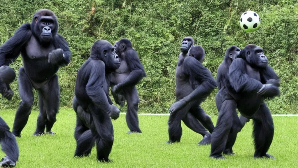 Image similar to gorillas using vr headset playing soccer, vivid