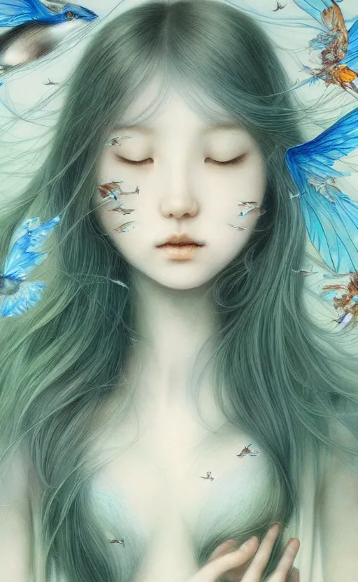 Prompt: breathtaking Portrait fairy by Miho Hirano, realistic, detailed, blue, green tonalities, beautiful collage technique including birds, CAT, ornate background, beautiful Fantasy detailed trending on artstation, oil painting, Dramatic lighting, eterea , high quality print, fine art with subtle redshift rendering