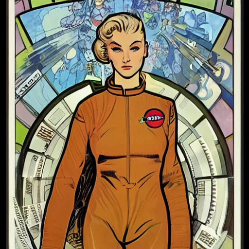 Image similar to a stoic heroic butch tomboy blonde emotionless woman, with very short slicked - back hair. she is dressed as an astronaut. well composed, clean elegant painting, beautiful detailed face. comic book art by steve ditko and jack kirby and ( alphonse mucha )