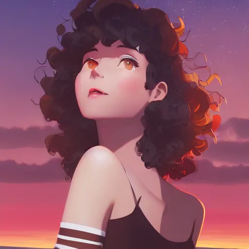 Image similar to a beautiful woman with a Mild smile and afro hair , dark brown hair and tan skin, dark brown eyes, city landscape, 4k, anime key visual, lois van baarle, ilya kuvshinov, rossdraws, artstation