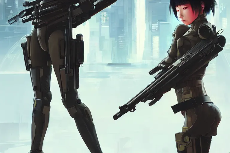 Prompt: young female japanese sniper holding a railgun sniper rifle, neon, cyberpunk, futuristic, full cybernetic combat suit, short bob haircut, stunning, highly detailed, digital painting, smooth, soft focus, illustration, ghost in the shell, 4 k digital art from artstation by artgerm and greg rutkowski and alphonse mucha