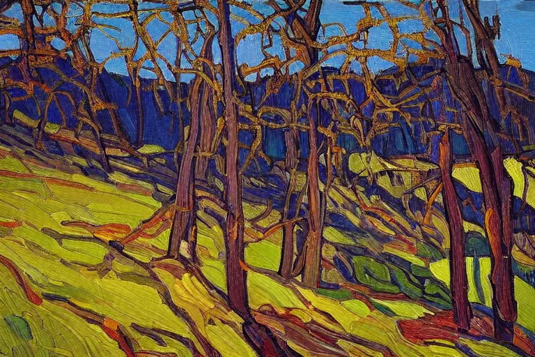Prompt: masterpiece painting of oak trees on a hillside overlooking a creek, dramatic lighting, by tom thomson