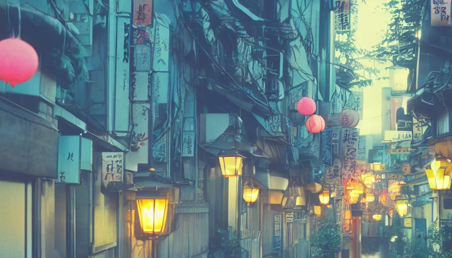 Image similar to A film still from a 1990s Sailor Moon cartoon tv show featuring a moody street in Japan with a waterfall and lanterns, lofi aesthetic, magical, golden hour, cinematic look, film grain, high detail, high resolution, 8k