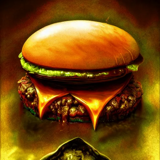 Image similar to photorealistic demonic cheeseburger in the style of michael whelan and gustave dore. hyperdetailed photorealism, 1 0 8 megapixels, amazing depth, glowing rich colors, powerful imagery, psychedelic overtones, 3 d finalrender, 3 d shading, cinematic lighting, artstation concept art