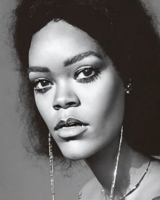 Image similar to a portrait of a 1 9 6 0 s hippie looking like rihanna