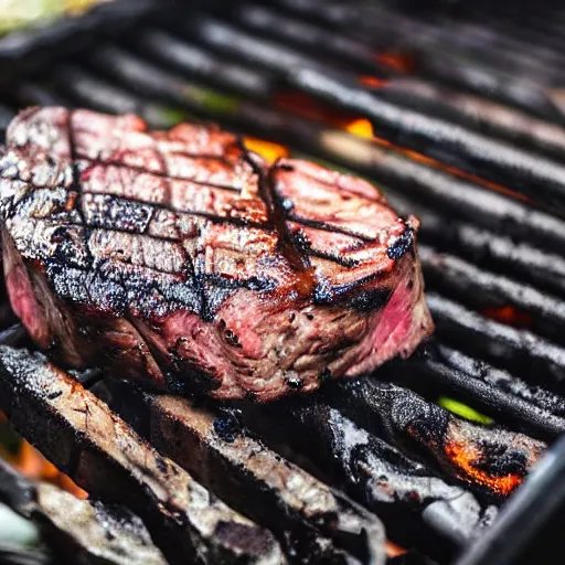 Prompt: a steak cooking on a charcoal grill