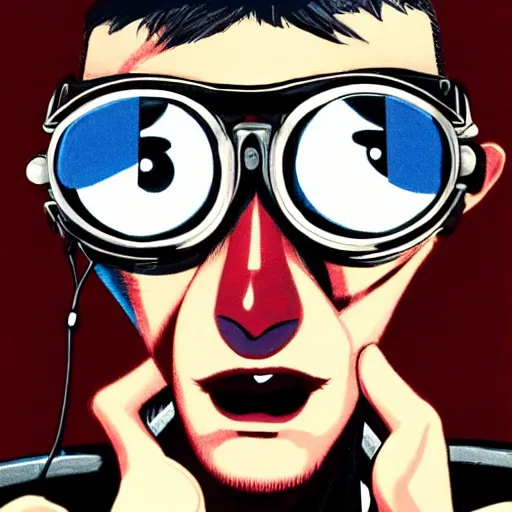 Prompt: close up portrait of a cyberpunk goth guy wearing goggles and eccentric jewelry, by jamie hewlett, jamie hewlett art,
