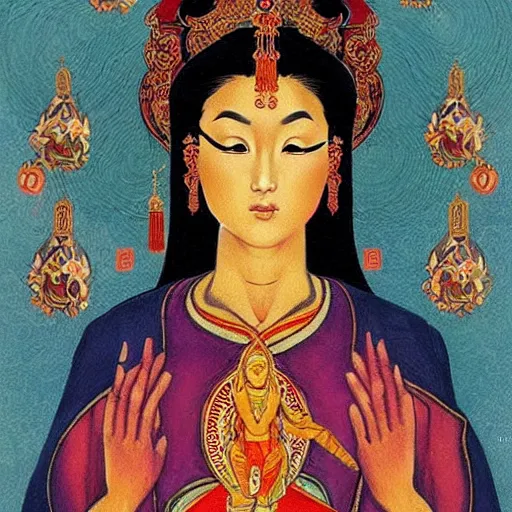 Image similar to gorgeous asian goddess drawn in russian orthodox icon style by Dragan Bibin and Frank Frazetta