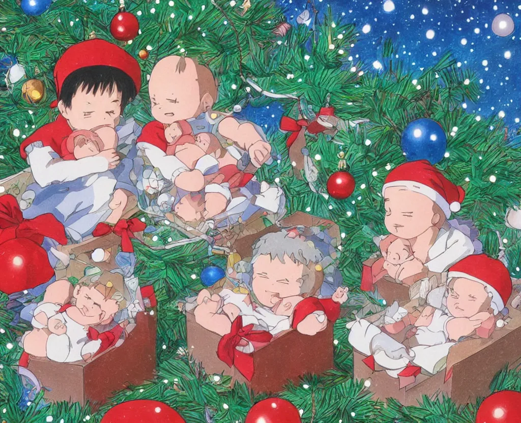 Prompt: Two twin babies in a gift box, christmas lights, very detailed, art by Studio Ghibli