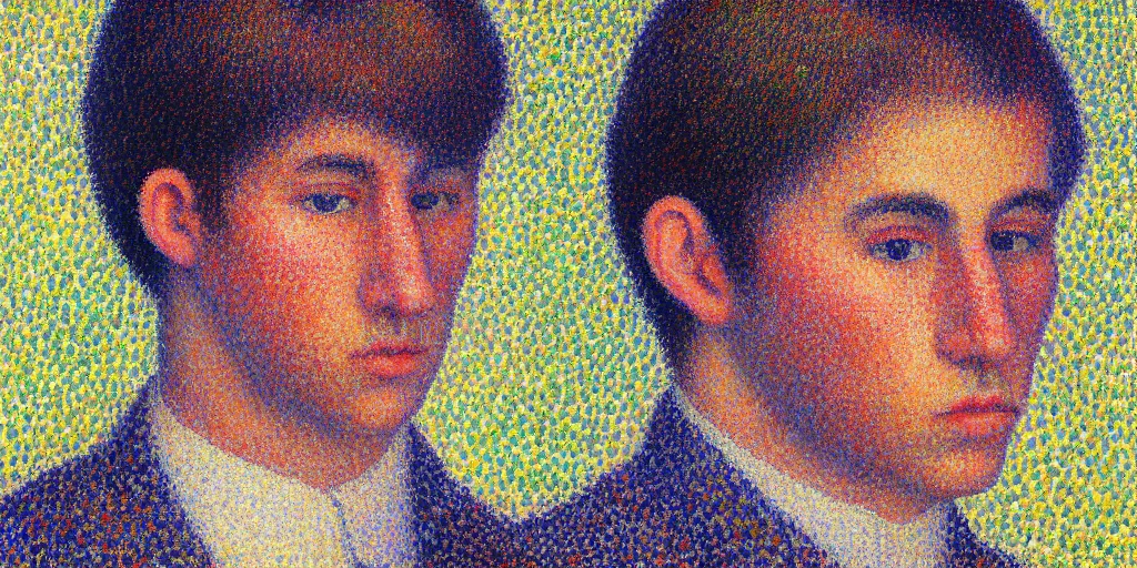 Image similar to a highly detailed portrait of a young man by georges seurat and paul signac, pointillism, post - impressionism, painting