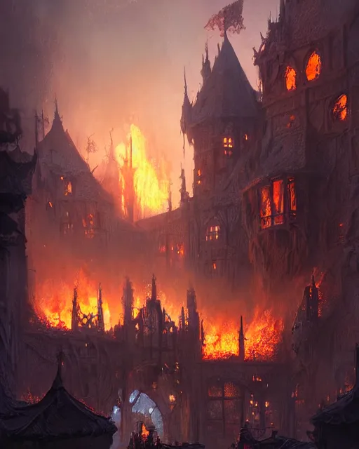 Image similar to robust fantasy castle courtyard burned to the ground, fiery ambient, uplifting mood, ultra realistic, sad, small buildings, highly detailed, epic lighting, illuminated, cinematic, morning, art by eddie mendoza