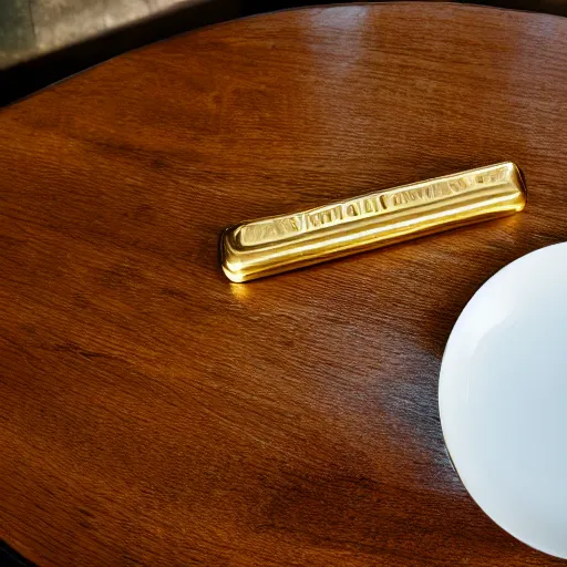 Image similar to a solid gold bar on a cafe table on a sunny day, f / 1. 9 6. 8 1 mm iso 4 0