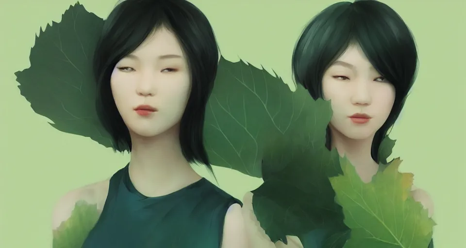 Image similar to asian female wearing leaf costume, contrast lightning, rough dark background, art by dannylailai on artstation, by hsiao ron cheng