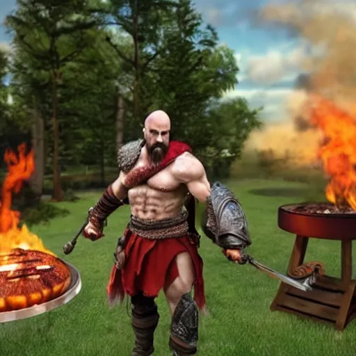 Image similar to kratos at a backyard barbecue