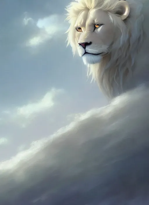 Prompt: aesthetic portrait commission of an albino male furry anthro lion amongst the clouds in the sky wearing a silky white translucent cloak blowing in the wind, Atmospheric. Character design by charlie bowater, ross tran, makoto shinkai, Greg Rutkowski and Thomas Kinkade, detailed, inked, western comic book art, 2021 award winning painting