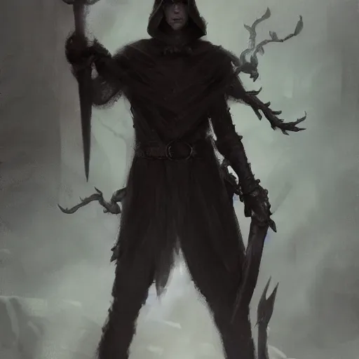 Image similar to A spindly young man in a witch’s hat and black clothing steps out of the shadows with a spear in his hand, DnD character art portrait, matte fantasy painting, Deviant Art, Artstation, by Jason Felix, by Steve Argyle, by Tyler Jacobson, by Peter Mohrbacher, cinema.
